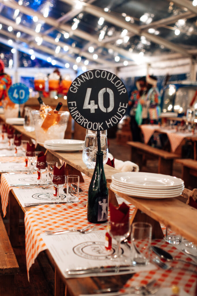 Apres Ski themed birthday party table sign decorated in the style of a ski piste sign.