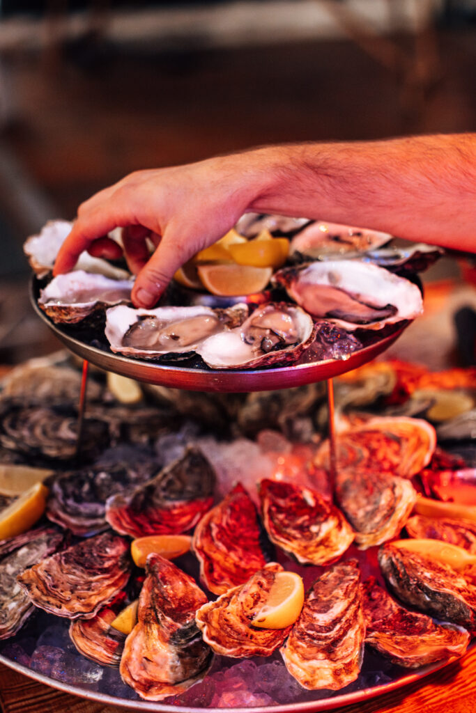 two tier oyster display at a winter marquee party
