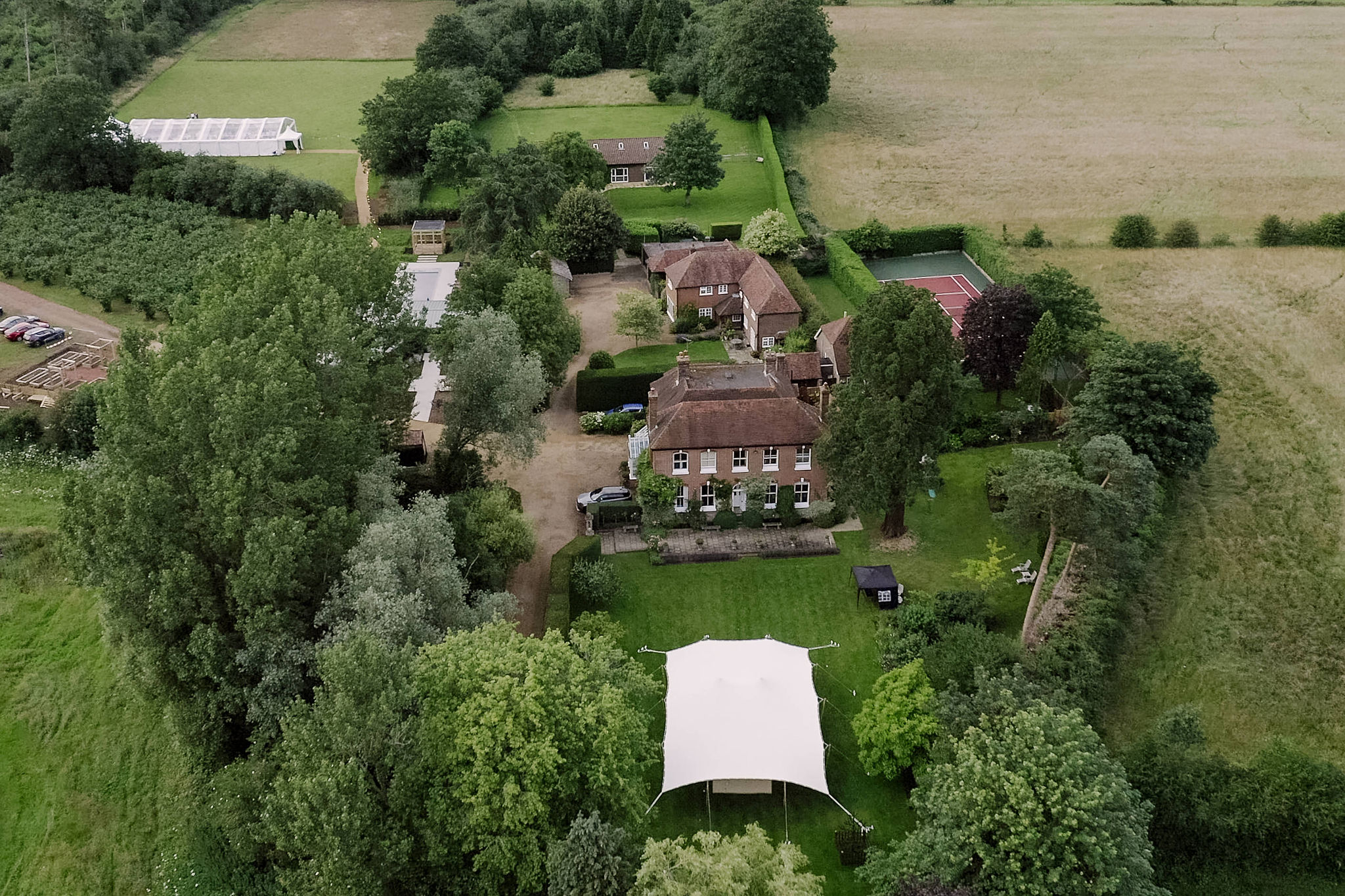 Birds eye view of an at home marquee wedding